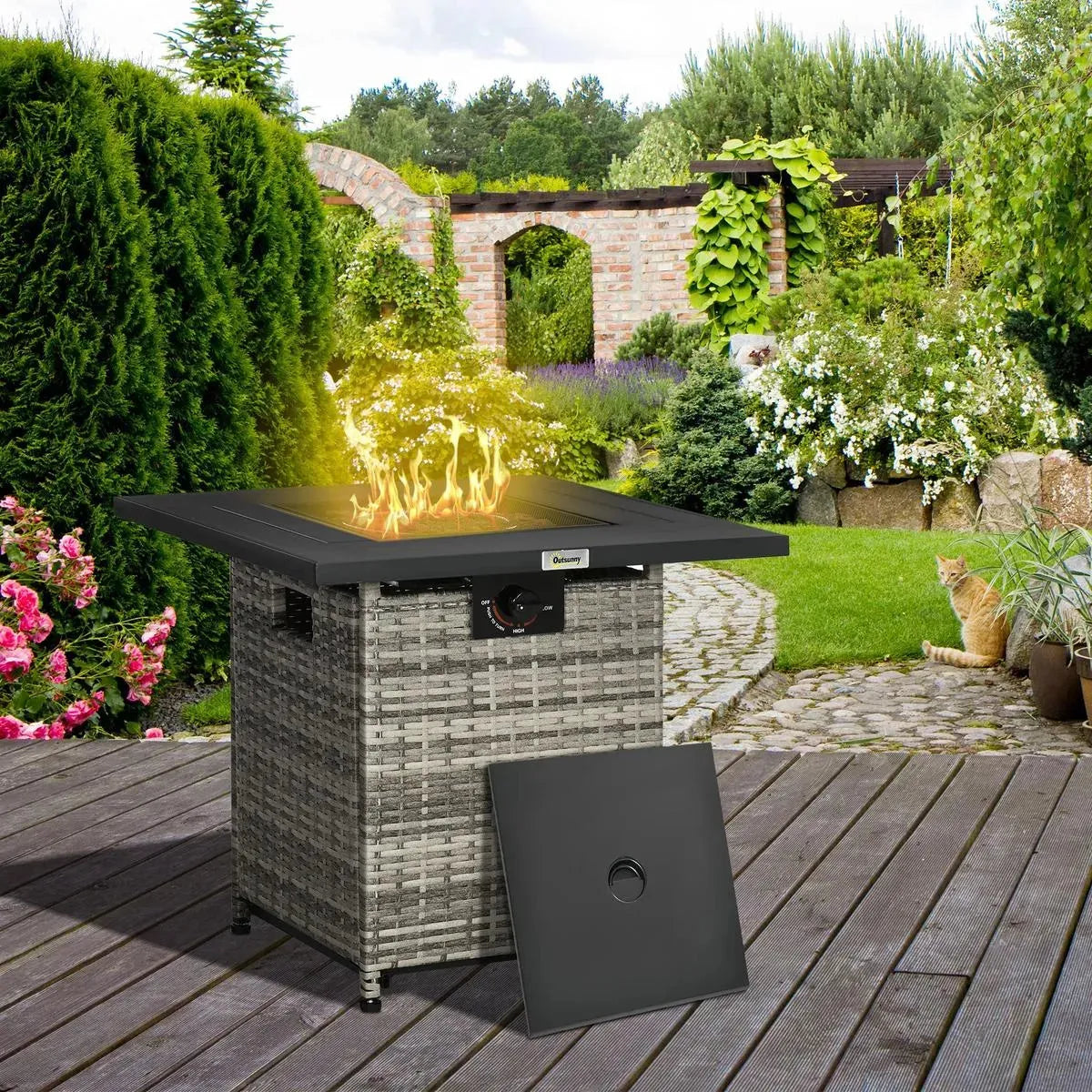 Gas Fire Pit Table Patio Square PE Rattan, 40,000 BTU, Mixed Grey with Rain Cover, Mesh Lid and Lava Stone