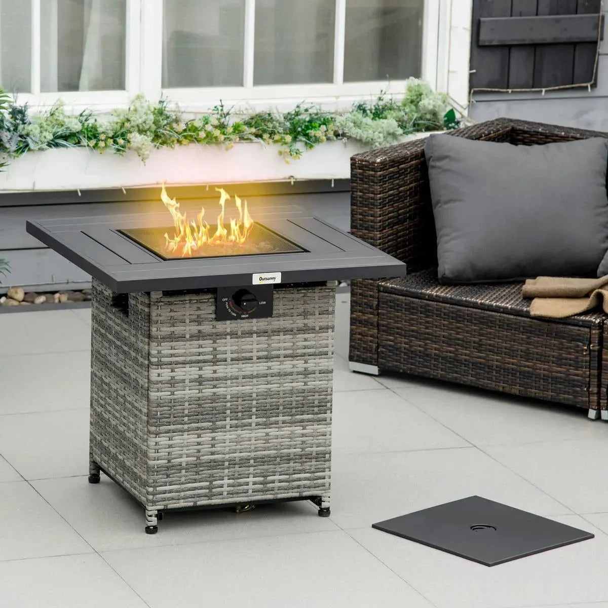 Gas Fire Pit Table Patio Square PE Rattan, 40,000 BTU, Mixed Grey with Rain Cover, Mesh Lid and Lava Stone
