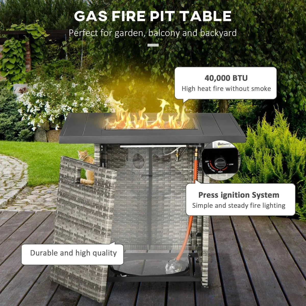 Gas Fire Pit Table Patio Square PE Rattan, 40,000 BTU, Mixed Grey with Rain Cover, Mesh Lid and Lava Stone