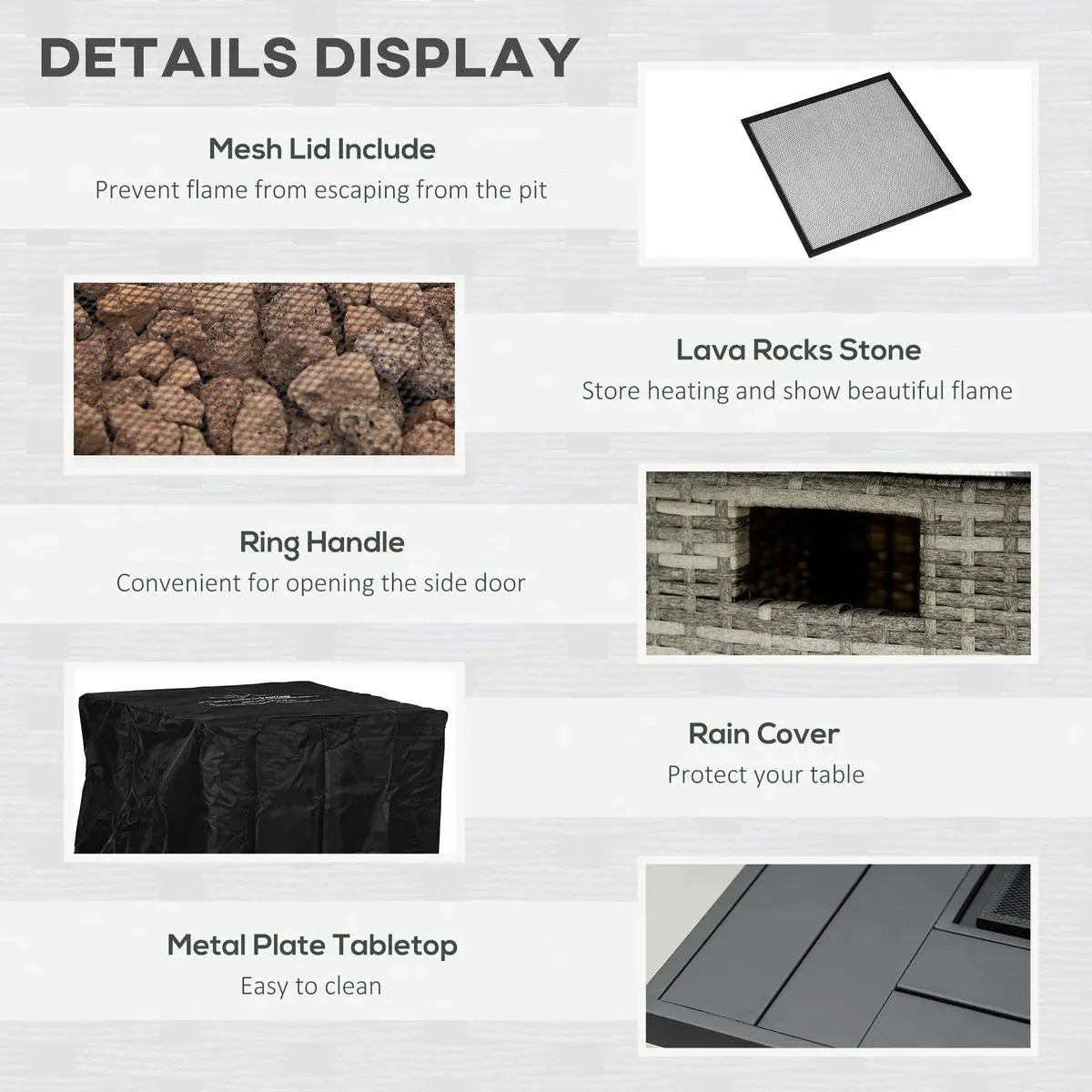 Gas Fire Pit Table Patio Square PE Rattan, 40,000 BTU, Mixed Grey with Rain Cover, Mesh Lid and Lava Stone