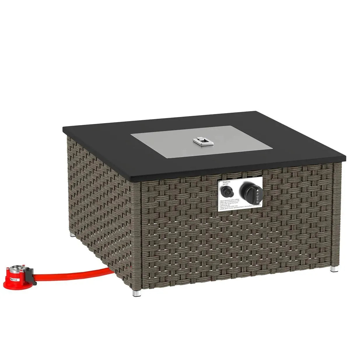 Gas Fire Pit Table Rattan, 13 kW, 58×58×33cm, Grey, Smokeless Propane with Lid for Outdoor Patio