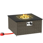 Gas Fire Pit Table Rattan, 13 kW, 58×58×33cm, Grey, Smokeless Propane with Lid for Outdoor Patio