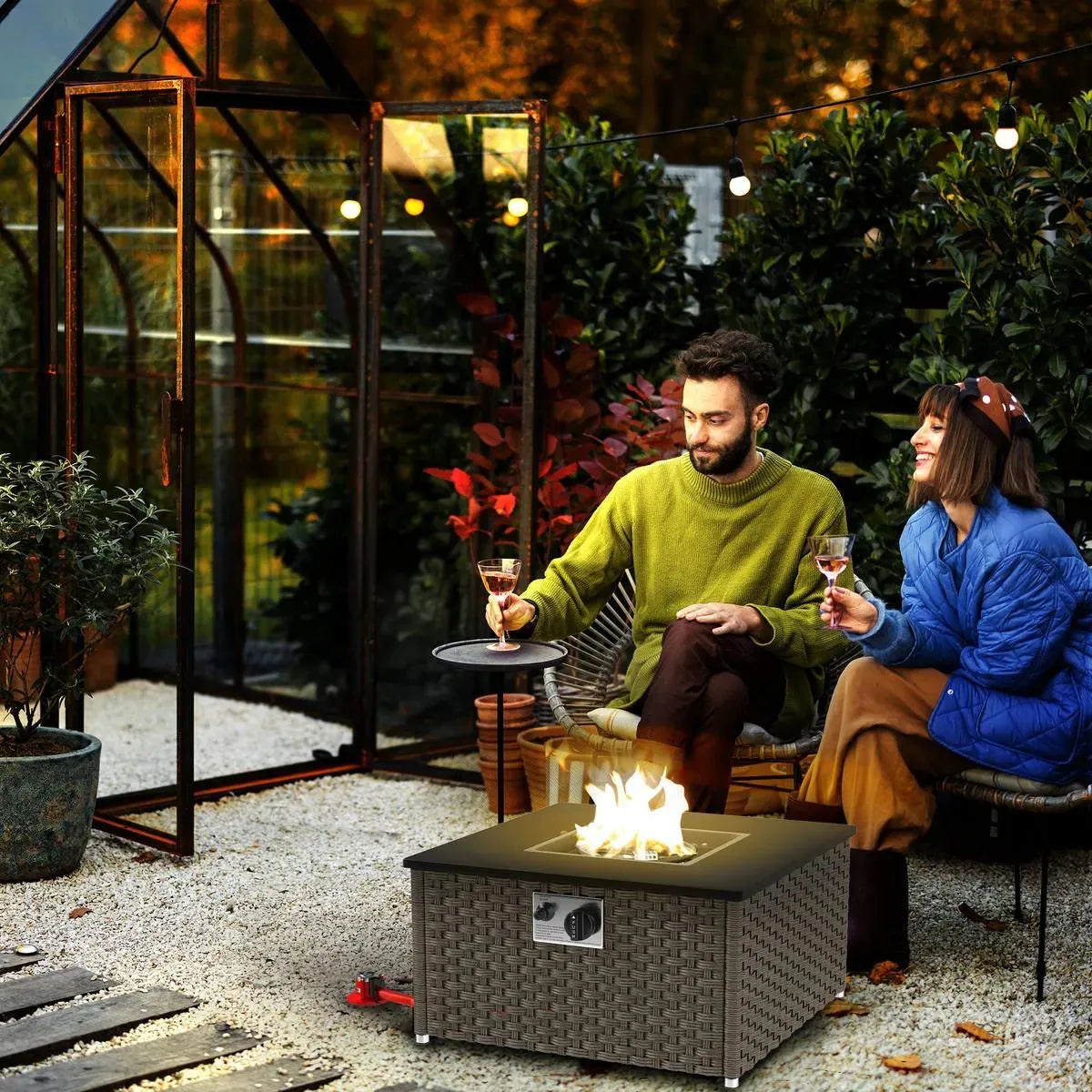 Gas Fire Pit Table Rattan, 13 kW, 58×58×33cm, Grey, Smokeless Propane with Lid for Outdoor Patio