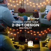 Gas Fire Pit Table Rattan, 13 kW, 58×58×33cm, Grey, Smokeless Propane with Lid for Outdoor Patio