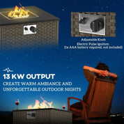 Gas Fire Pit Table Rattan, 13 kW, 58×58×33cm, Grey, Smokeless Propane with Lid for Outdoor Patio