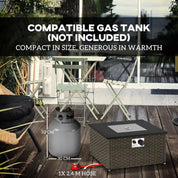Gas Fire Pit Table Rattan, 13 kW, 58×58×33cm, Grey, Smokeless Propane with Lid for Outdoor Patio