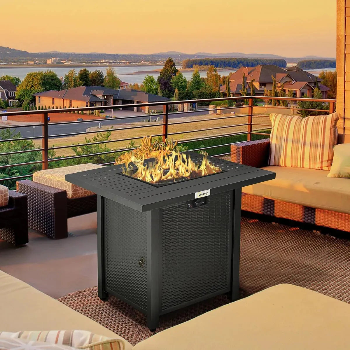Gas Fire Pit Table Rattan-style Square, 40,000 BTU, Black, Propane Smokeless with Thermocouple, Lava Rocks, Waterproof Cover, Spark Guard and Lid for Patio