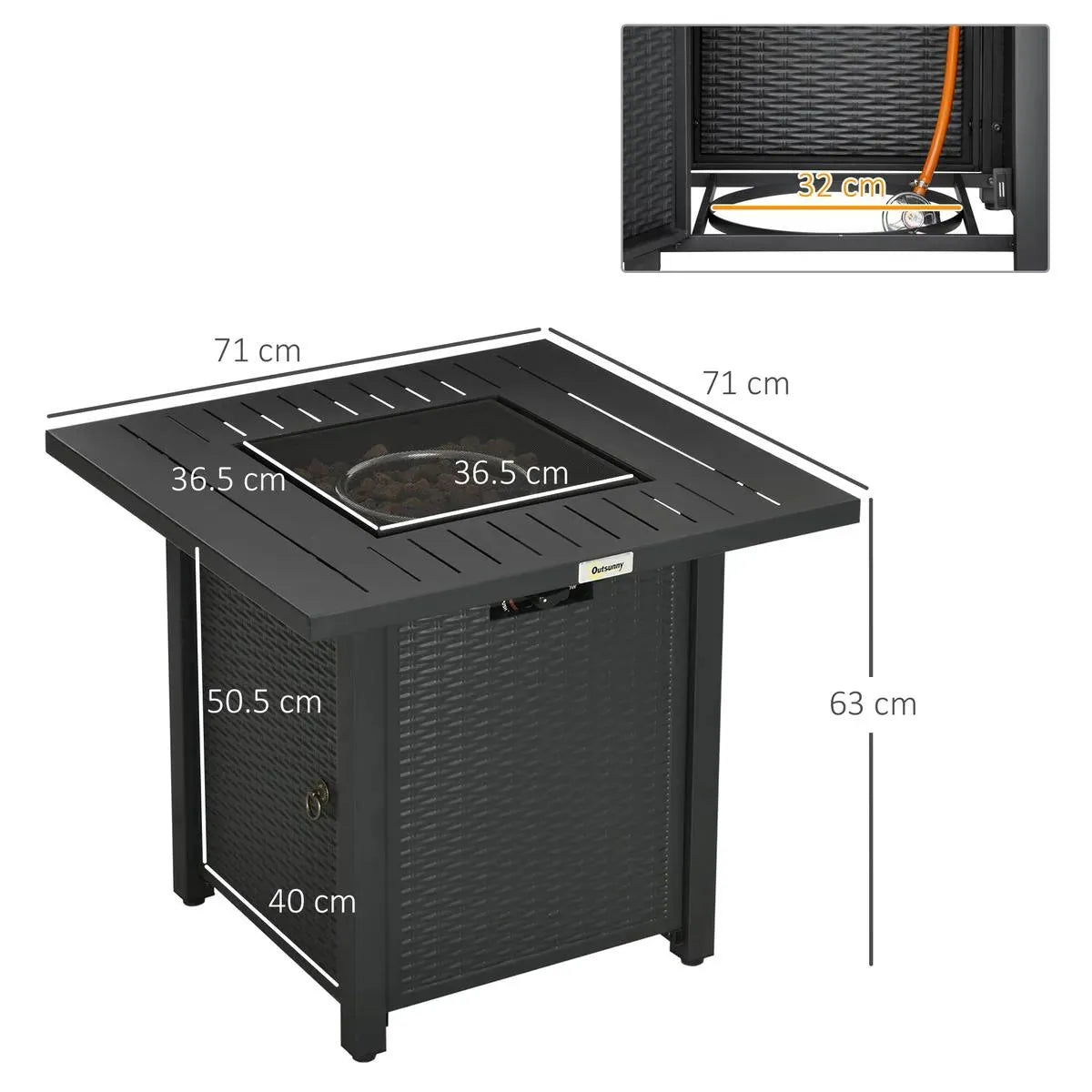 Gas Fire Pit Table Rattan-style Square, 40,000 BTU, Black, Propane Smokeless with Thermocouple, Lava Rocks, Waterproof Cover, Spark Guard and Lid for Patio