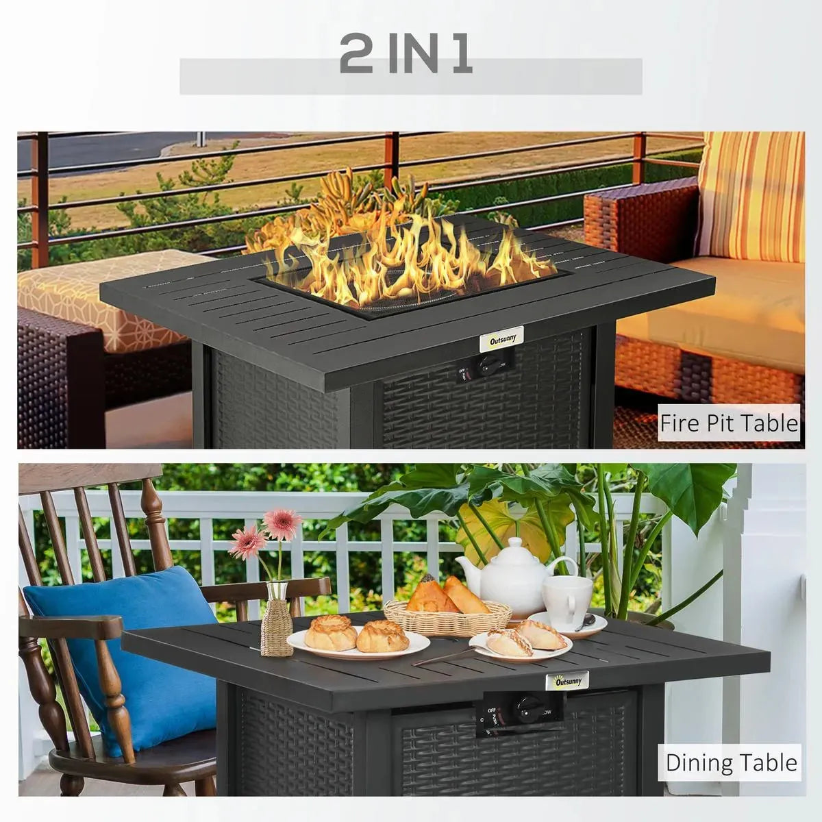 Gas Fire Pit Table Rattan-style Square, 40,000 BTU, Black, Propane Smokeless with Thermocouple, Lava Rocks, Waterproof Cover, Spark Guard and Lid for Patio