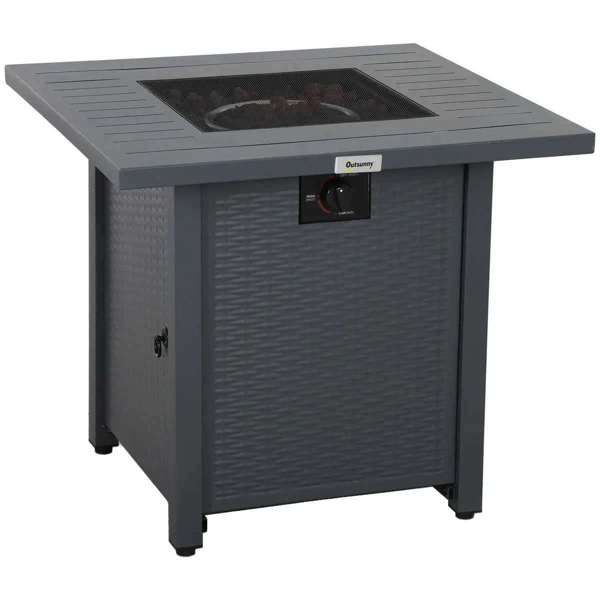 Gas Fire Pit Table Rattan-style Square, 40,000 BTU, Grey, Propane Smokeless with Thermocouple, Lava Rocks, Waterproof Cover, Spark Guard and Lid for Patio