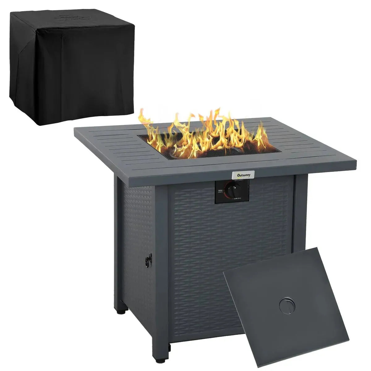 Gas Fire Pit Table Rattan-style Square, 40,000 BTU, Grey, Propane Smokeless with Thermocouple, Lava Rocks, Waterproof Cover, Spark Guard and Lid for Patio