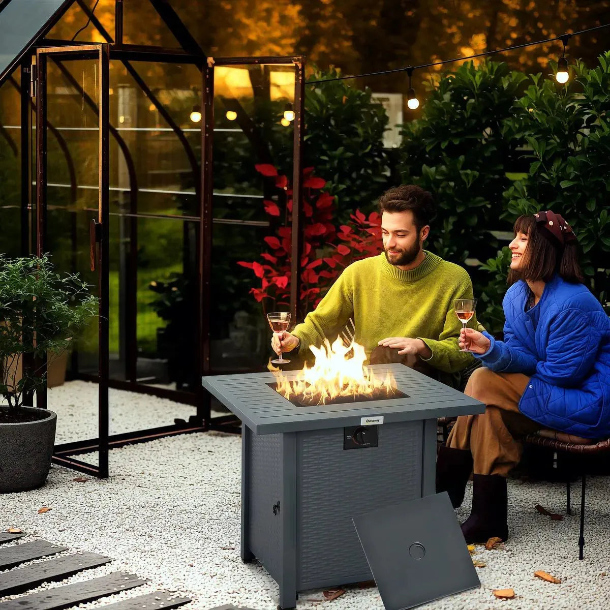 Gas Fire Pit Table Rattan-style Square, 40,000 BTU, Grey, Propane Smokeless with Thermocouple, Lava Rocks, Waterproof Cover, Spark Guard and Lid for Patio