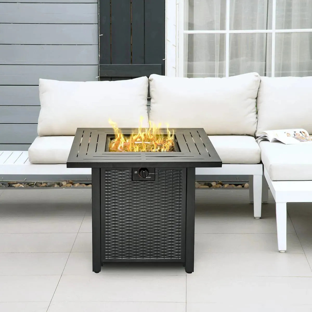Gas Fire Pit Table Square Propane, 40,000 BTU, 71×71×62cm, Black, Rattan Smokeless with Protective Cover, Lava Rocks and Lid for Patio