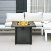 Gas Fire Pit Table Square Propane, 40,000 BTU, 71×71×62cm, Black, Rattan Smokeless with Protective Cover, Lava Rocks and Lid for Patio