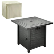 Gas Fire Pit Table Square Propane, 40,000 BTU, 71×71×62cm, Black, Rattan Smokeless with Protective Cover, Lava Rocks and Lid for Patio