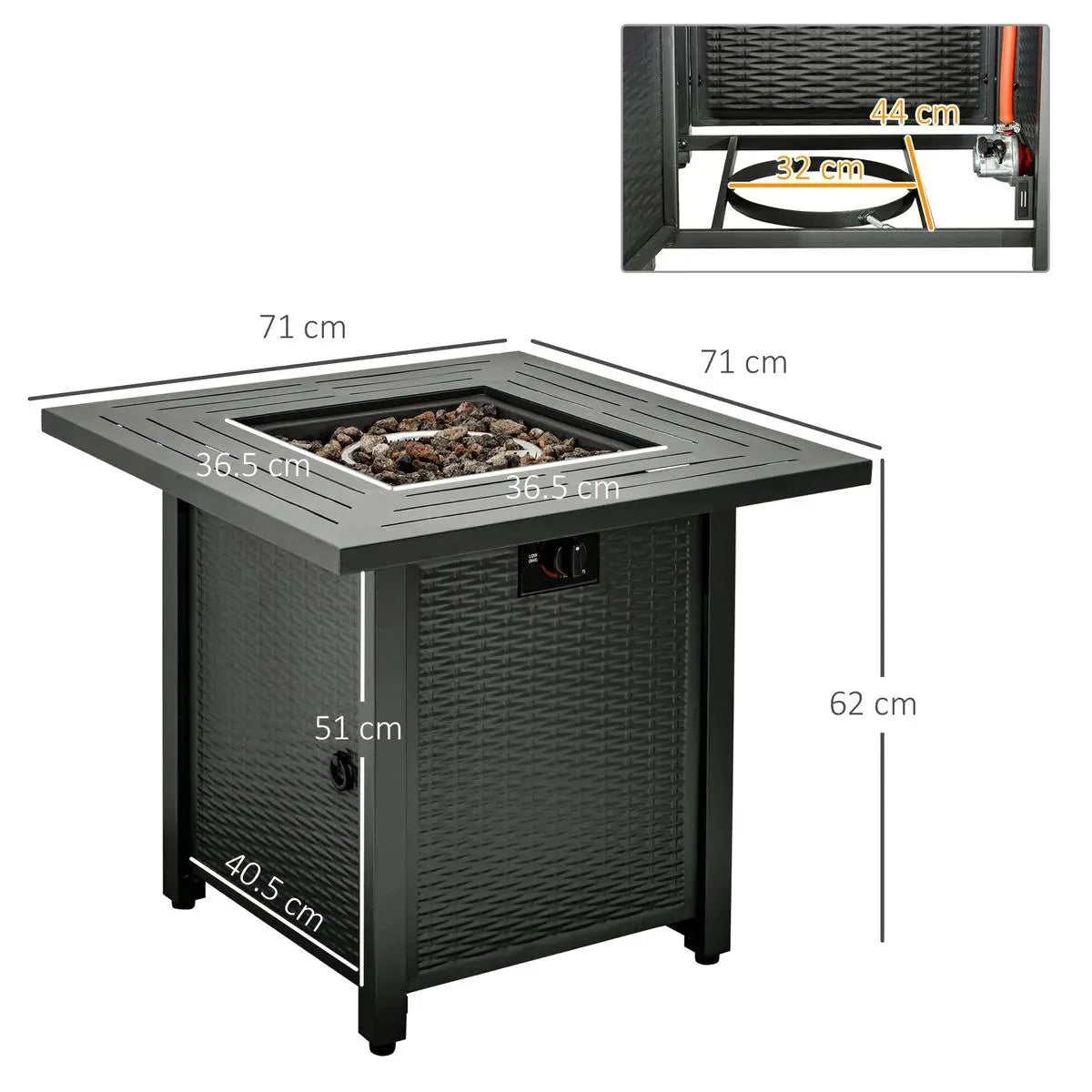 Gas Fire Pit Table Square Propane, 40,000 BTU, 71×71×62cm, Black, Rattan Smokeless with Protective Cover, Lava Rocks and Lid for Patio