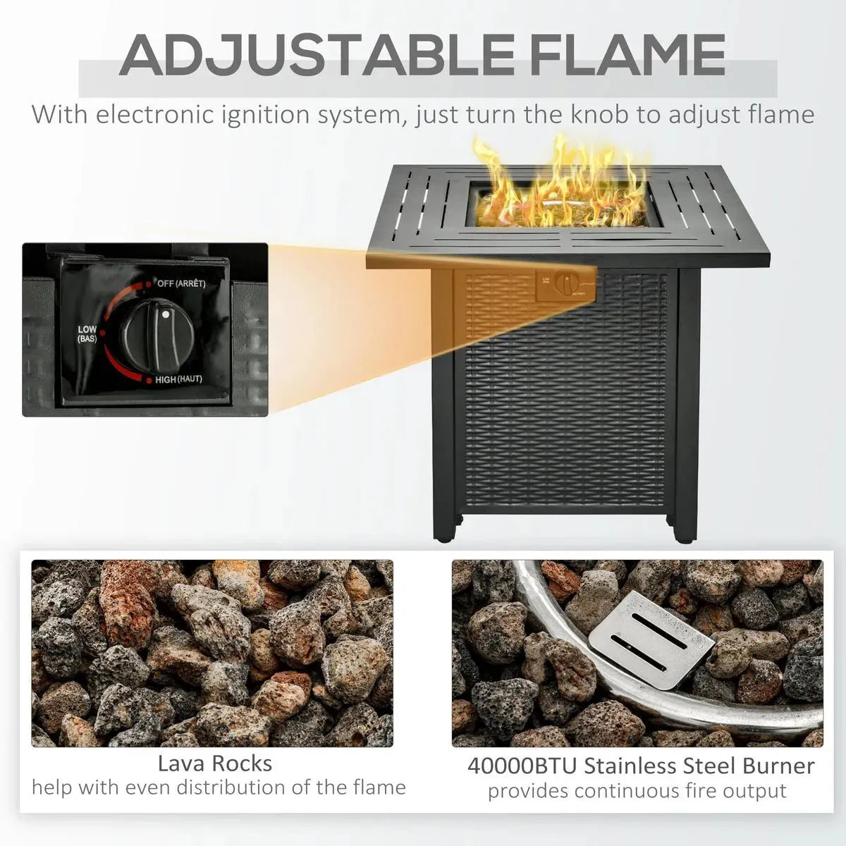 Gas Fire Pit Table Square Propane, 40,000 BTU, 71×71×62cm, Black, Rattan Smokeless with Protective Cover, Lava Rocks and Lid for Patio