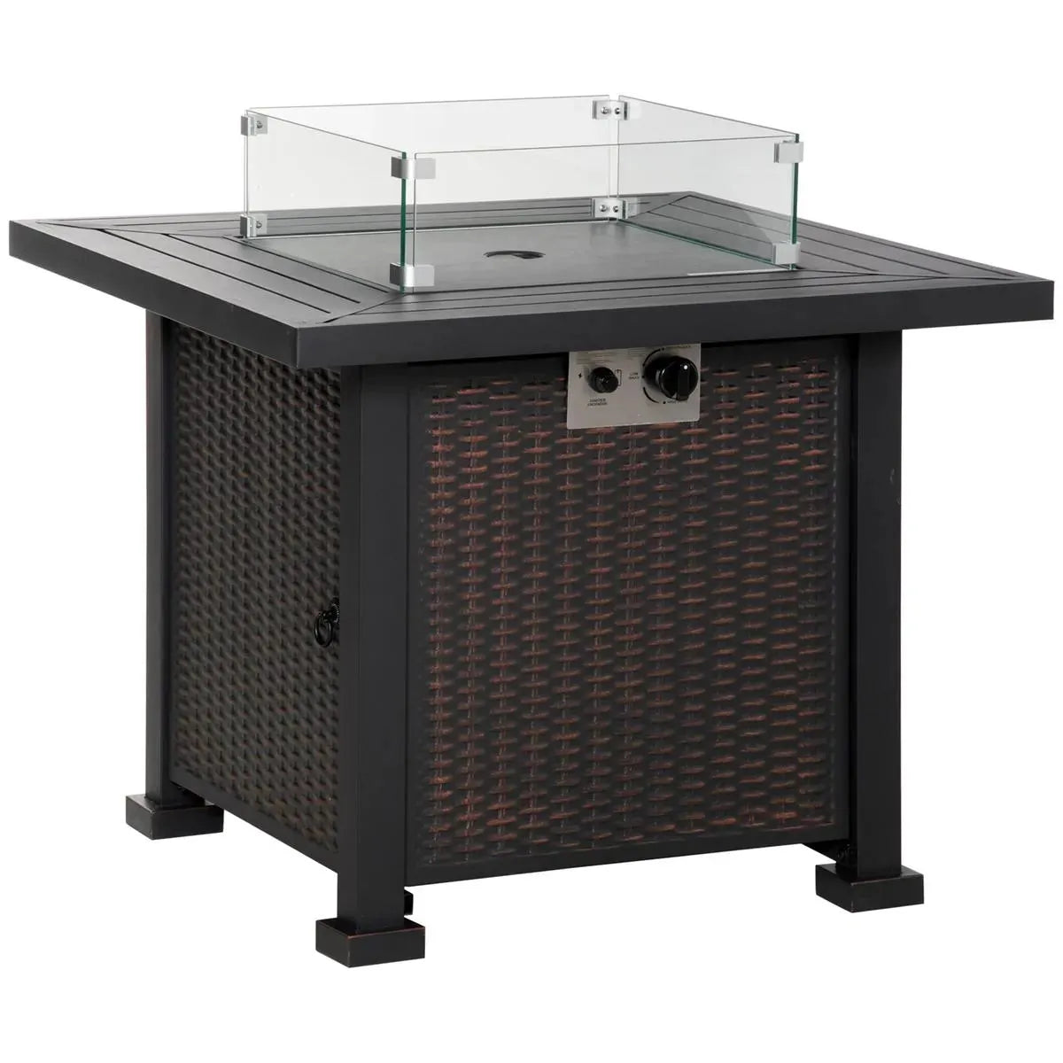Gas Fire Pit Table Square Propane, 50,000 BTU, 81×81×64cm, Black, Rattan Smokeless with Glass Screen, Glass Beads and Lid for Patio