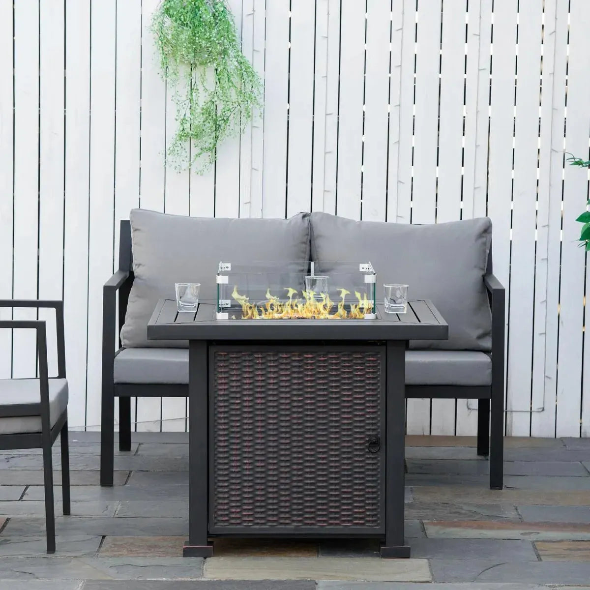 Gas Fire Pit Table Square Propane, 50,000 BTU, 81×81×64cm, Black, Rattan Smokeless with Glass Screen, Glass Beads and Lid for Patio