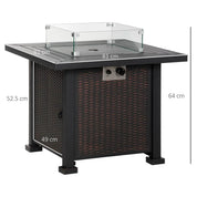 Gas Fire Pit Table Square Propane, 50,000 BTU, 81×81×64cm, Black, Rattan Smokeless with Glass Screen, Glass Beads and Lid for Patio