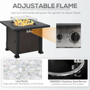 Gas Fire Pit Table Square Propane, 50,000 BTU, 81×81×64cm, Black, Rattan Smokeless with Glass Screen, Glass Beads and Lid for Patio