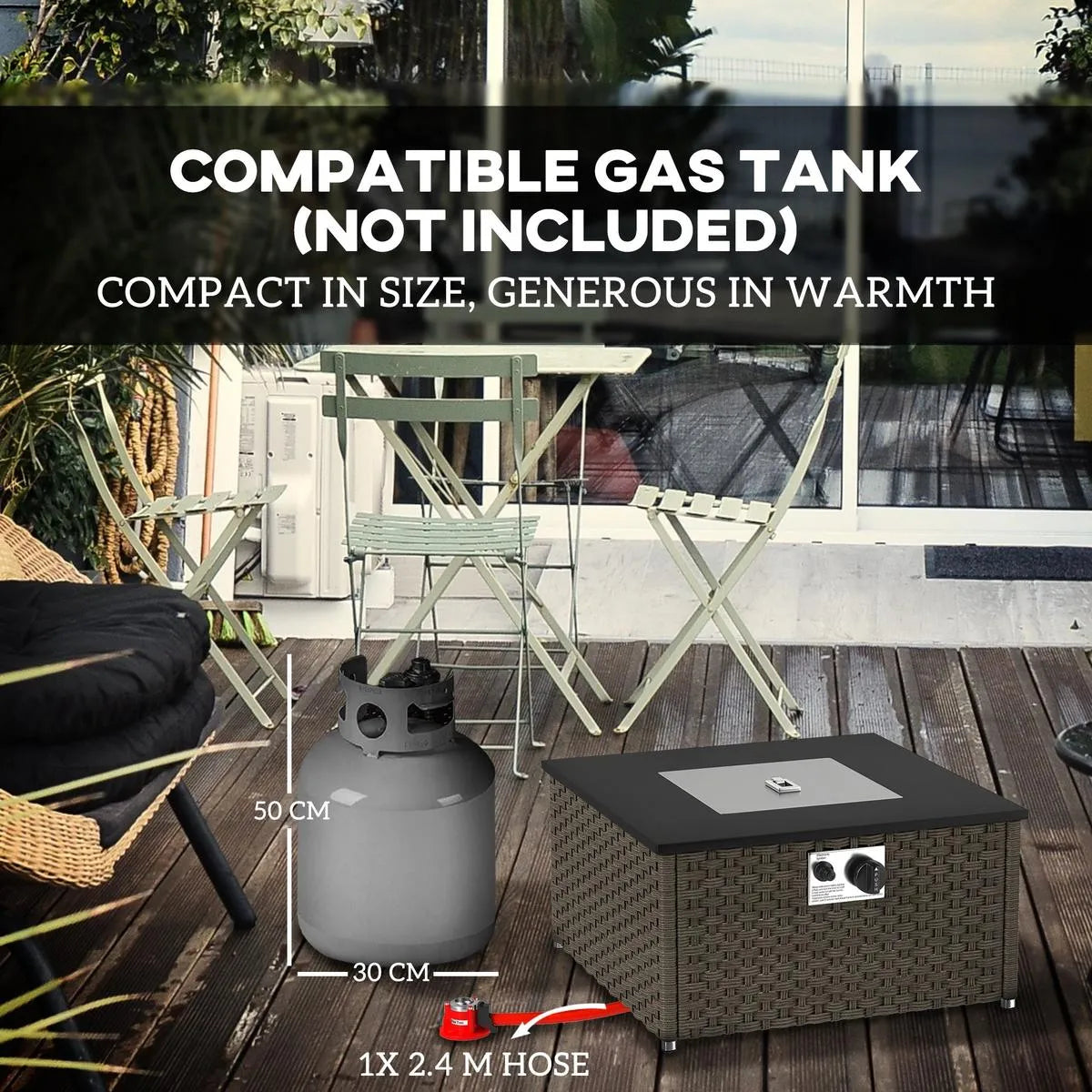 Gas Fire Pit Table Rattan, 13 kW, 58×58×33cm, Grey, Smokeless Propane with Lid for Outdoor Patio