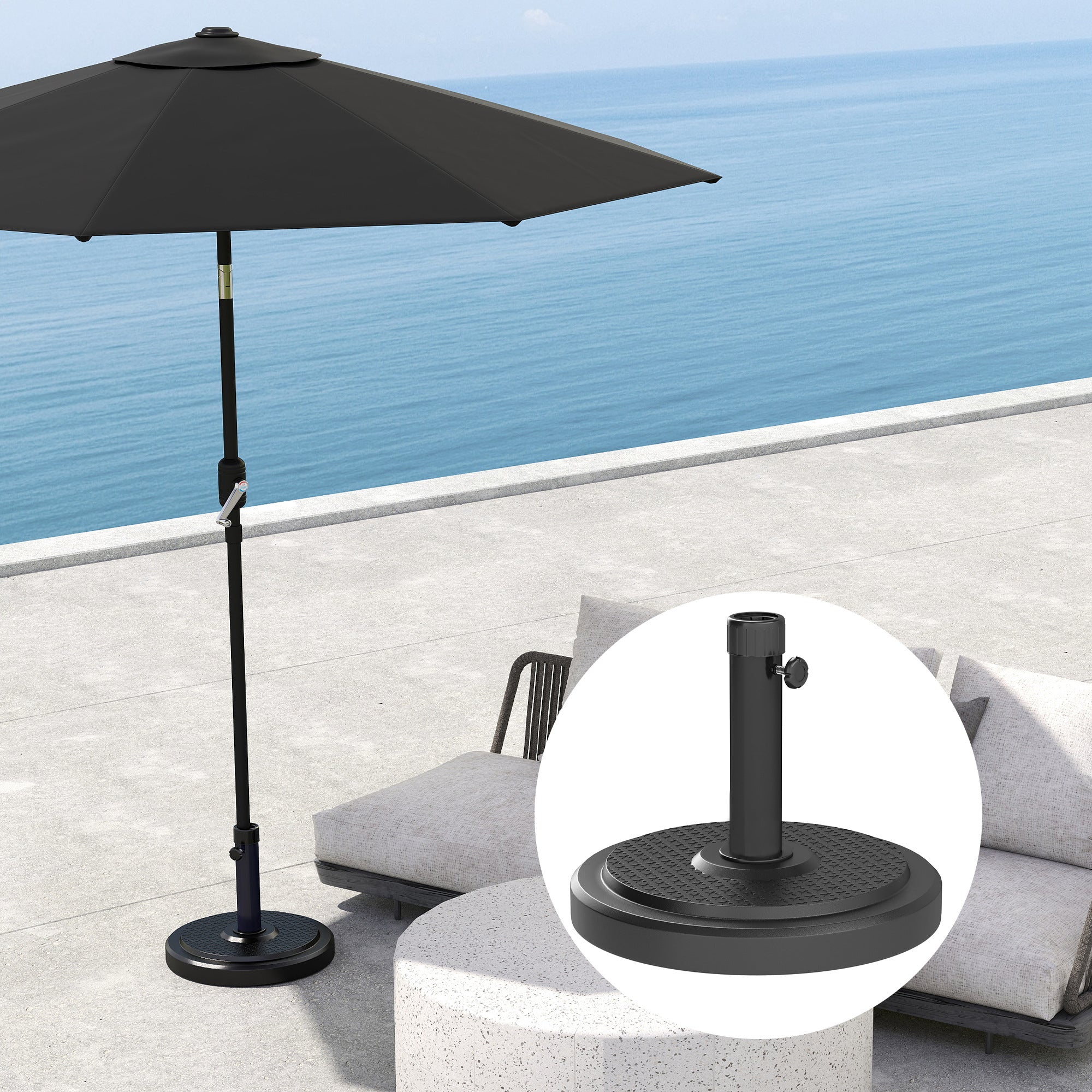 Garden Parasol Base 22kg Round HDPE Sun Umbrella Stand Heavy Duty for 38mm or 48mm Outdoor Poles, Black
