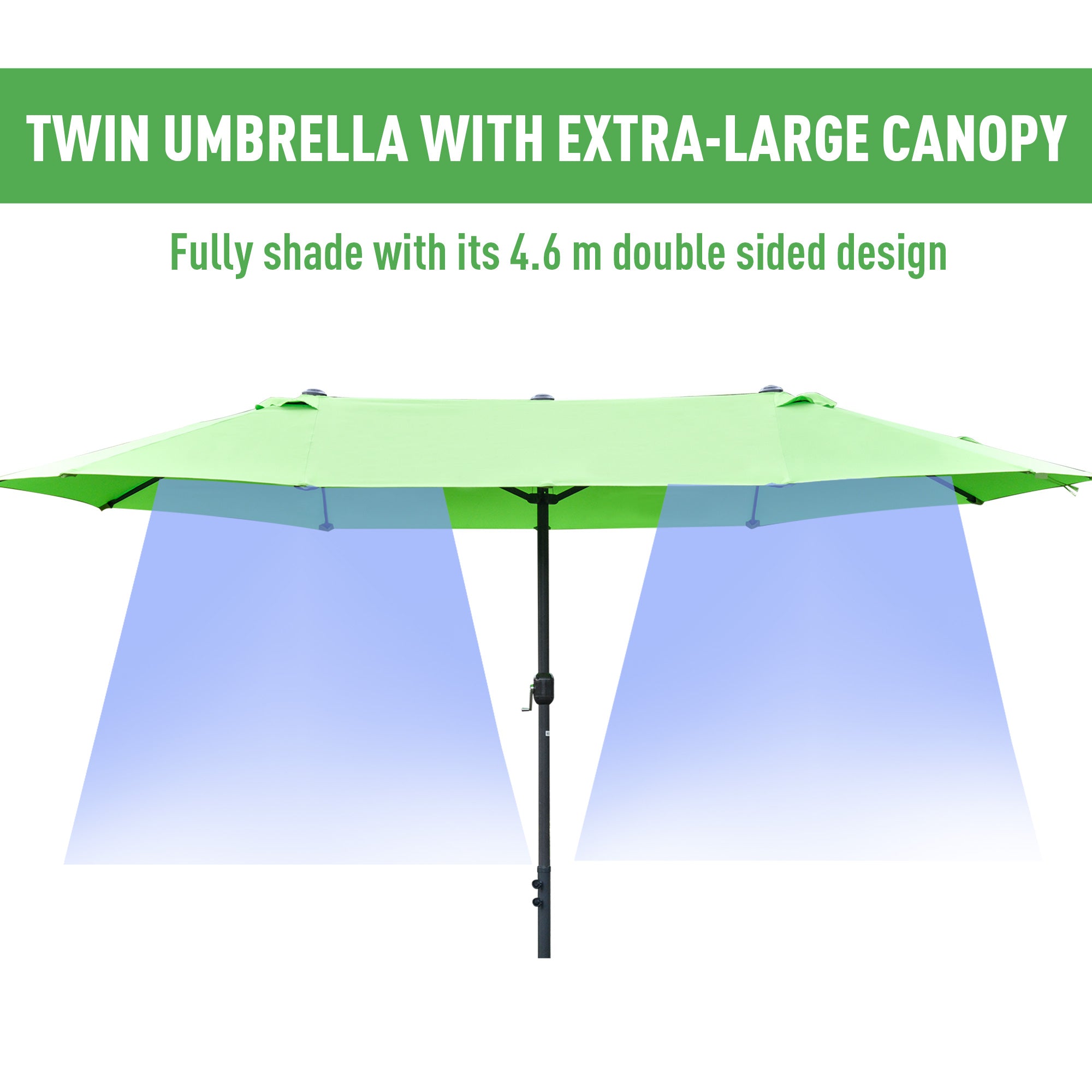 Double-Sided Sun Umbrella Canopy 4.6m Crank Shade with Cross Base, Green