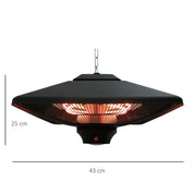 Hanging Electric Patio Heater 1000/2000W Waterproof Ceiling Mounted Aluminium Halogen Infrared Heater with LED Light Remote, Black