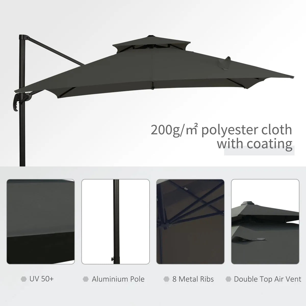 Cantilever Parasol 360° Rotation Angle Adjustment Outdoor Market Garden Umbrella, Dark Grey