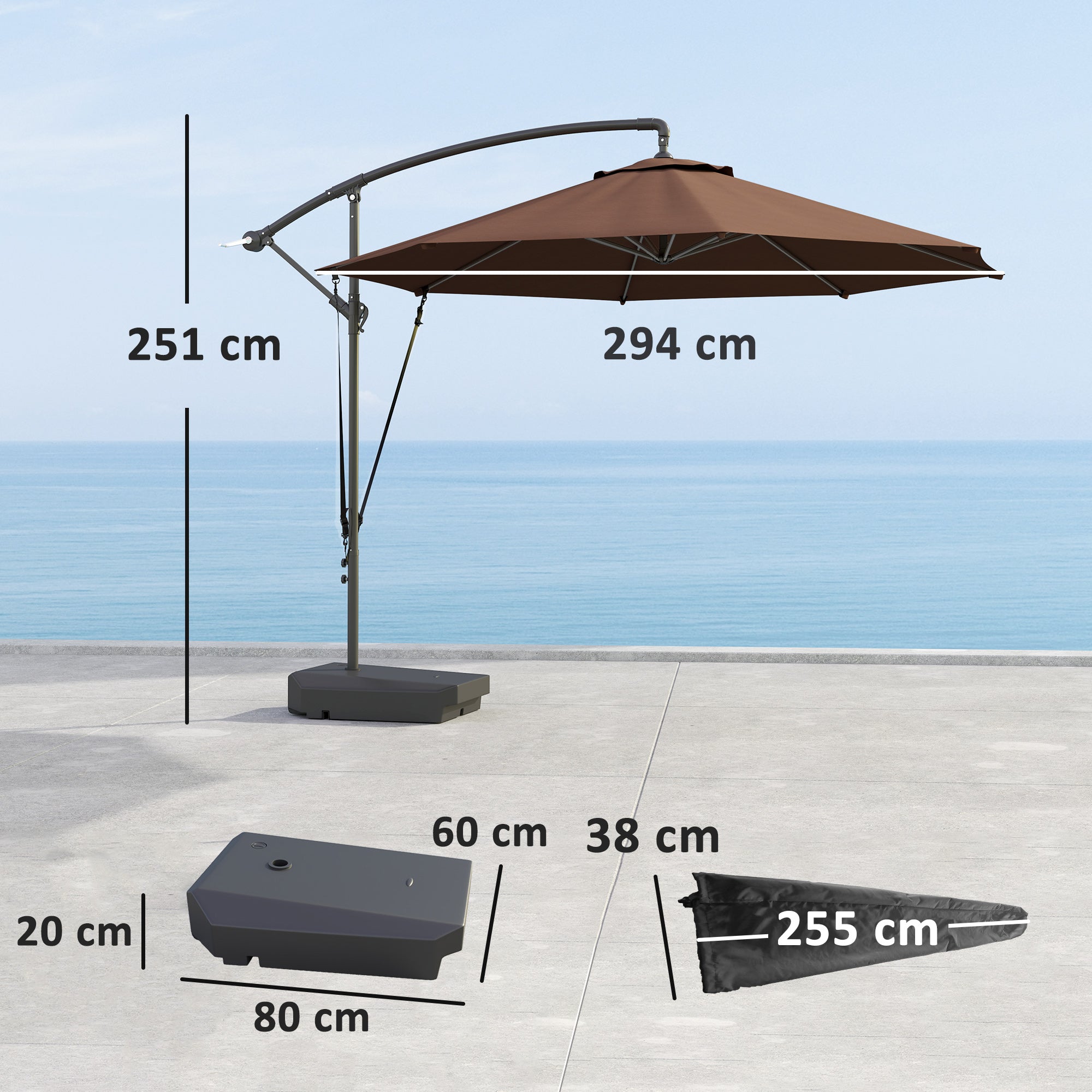 Garden Cantilever Parasol 3m with Fillable Base up to 90kg Wind Strap Cover Round Banana Hanging Umbrella Crank Tilt UPF50+, Brown