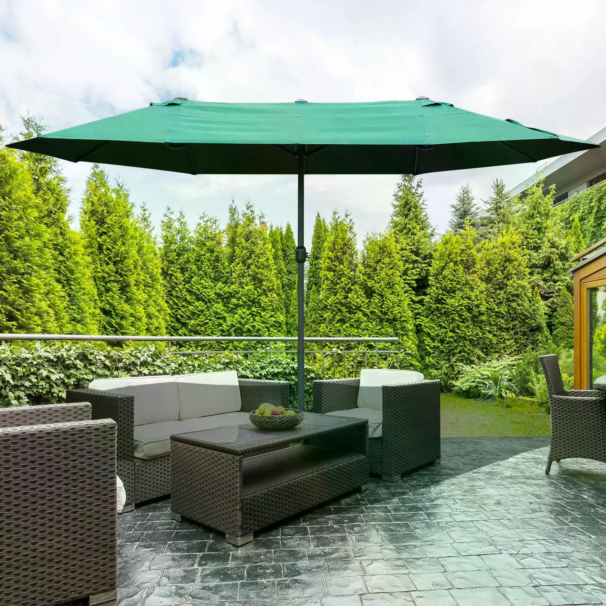 Double-Sided Sun Umbrella Canopy 4.6m Crank Shade with Cross Base, Dark Green