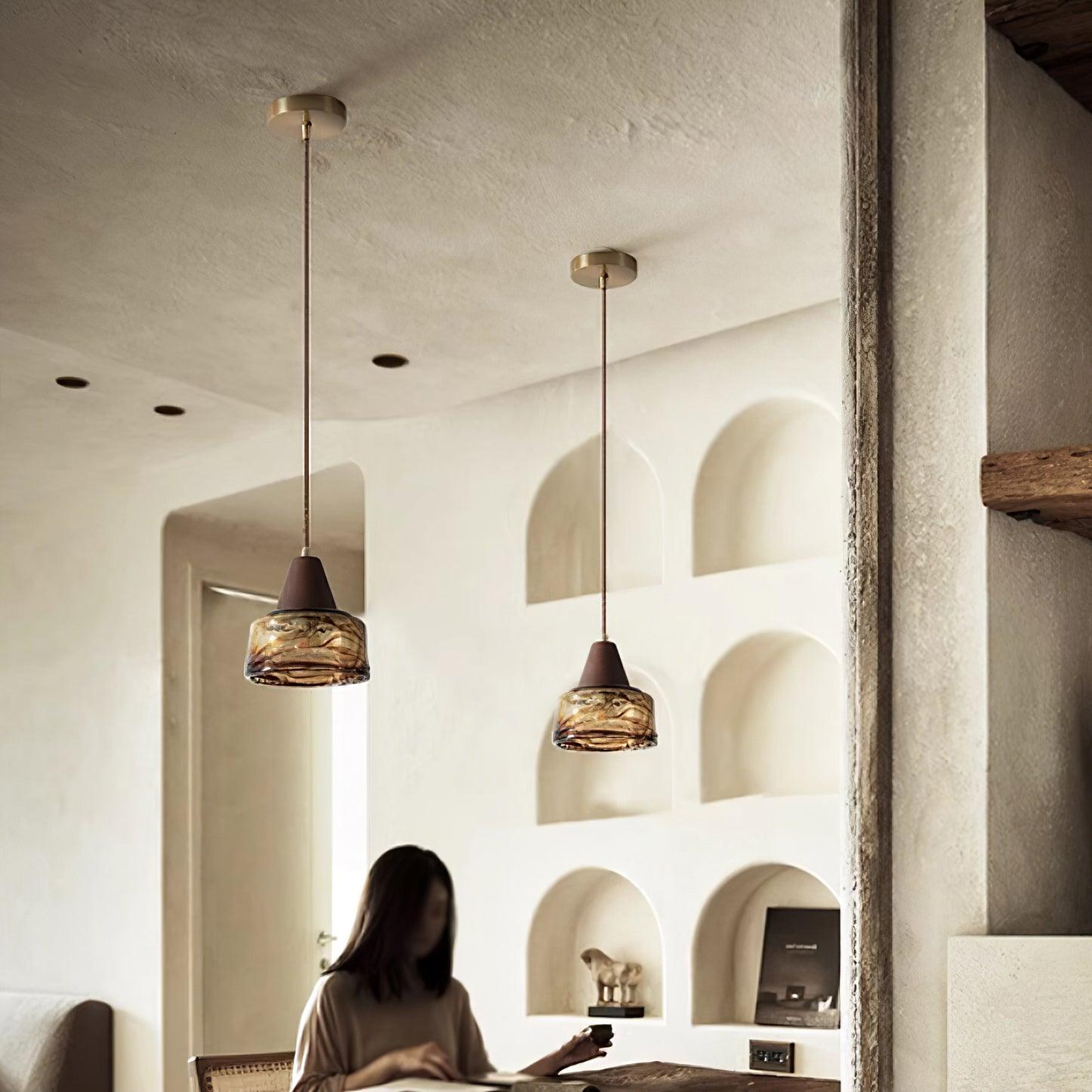 Hailie Vintage Round Wood Glass Pendant Light Dining Room Bedroom