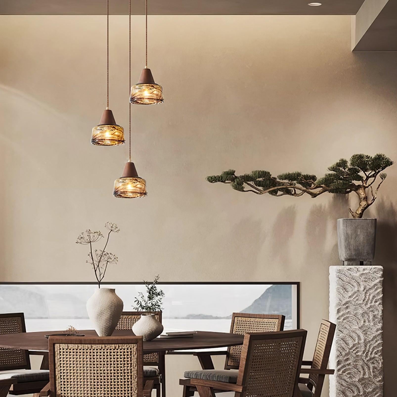 Hailie Vintage Round Wood Glass Pendant Light Dining Room Bedroom