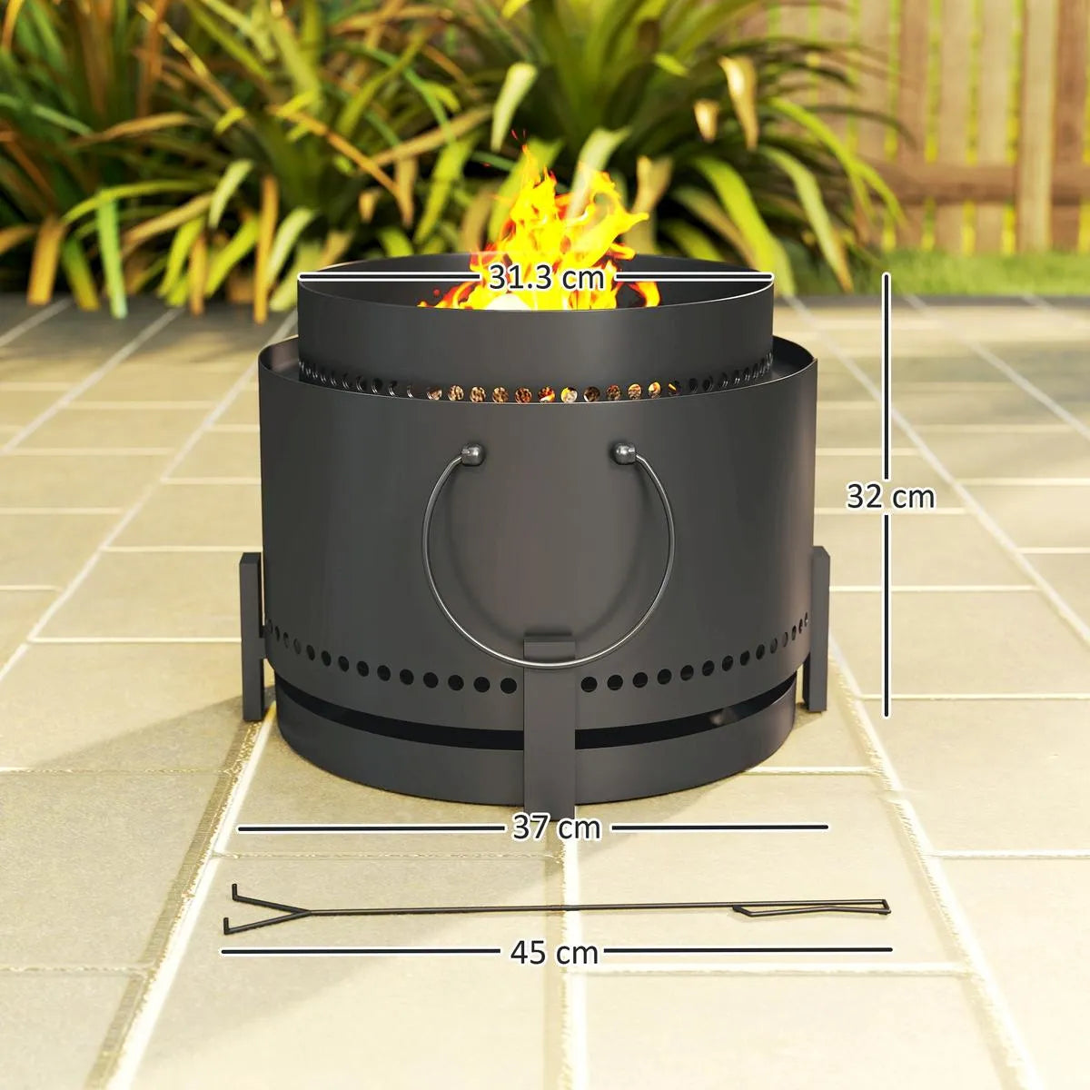 Smokeless Fire Pit Portable Wood Burning with Ash Catcher, 37cm, Dark Grey with Poker for Garden Camping Bonfire Party