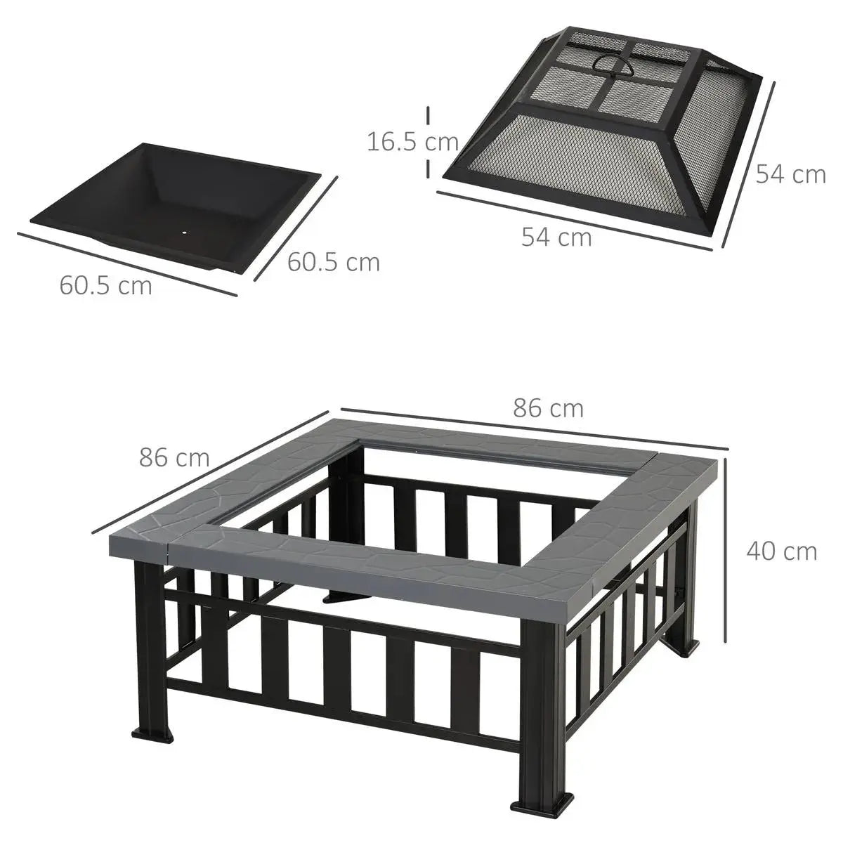Square Fire Pit Metal Brazier, 86×86×54cm, Black, Outdoor with Rain Cover, Lid, Log Grate, Poker for Backyard Camping BBQ Bonfire Wood Burning Stove