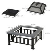Square Fire Pit Metal Brazier, 86×86×54cm, Black, Outdoor with Rain Cover, Lid, Log Grate, Poker for Backyard Camping BBQ Bonfire Wood Burning Stove