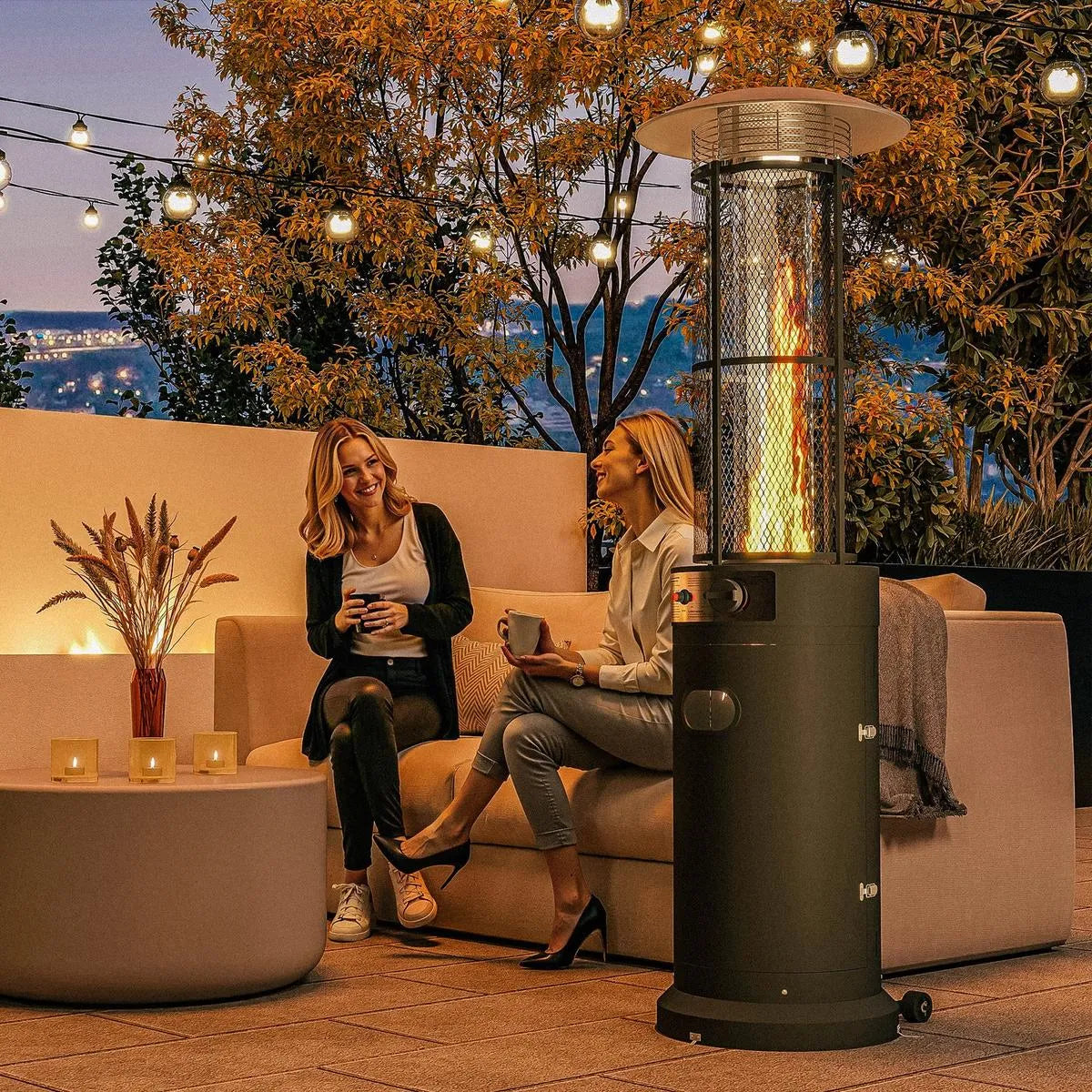 Freestanding Gas Patio Heater 11kW Adjustable Outdoor Garden Propane Heater Tip-Over Switch Wheels Pulse Ignition Black