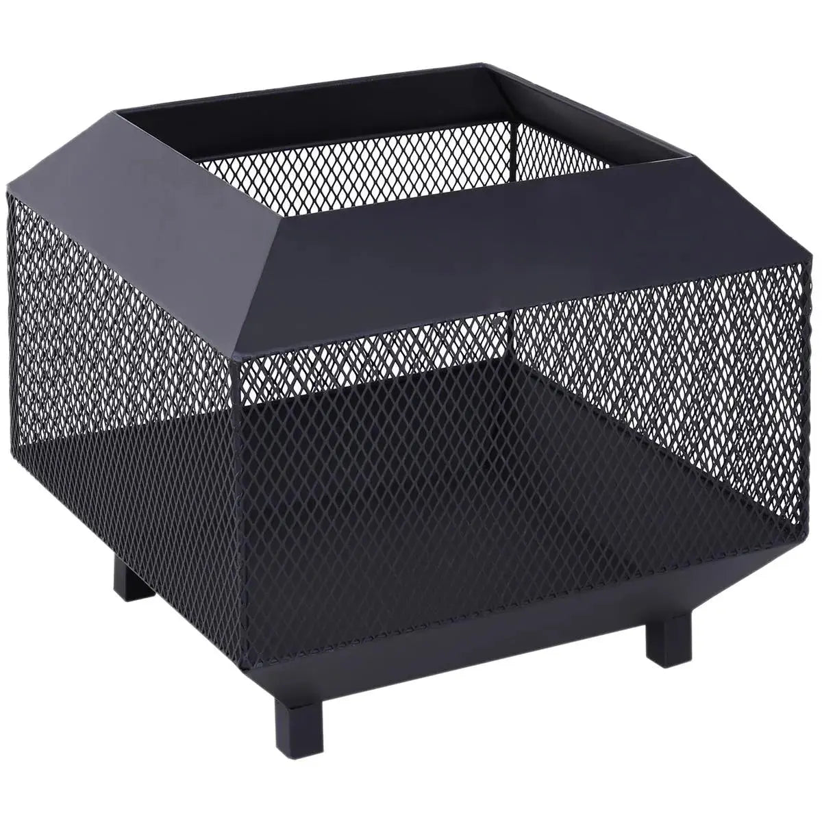 Square Fire Pit Metal Mesh Brazier, 44×44×40cm, Black, Outdoor with Lid, Log Grate, Poker for Backyard Camping Bonfire Wood Burning Stove