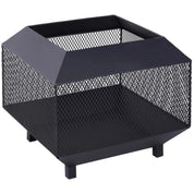 Square Fire Pit Metal Mesh Brazier, 44×44×40cm, Black, Outdoor with Lid, Log Grate, Poker for Backyard Camping Bonfire Wood Burning Stove