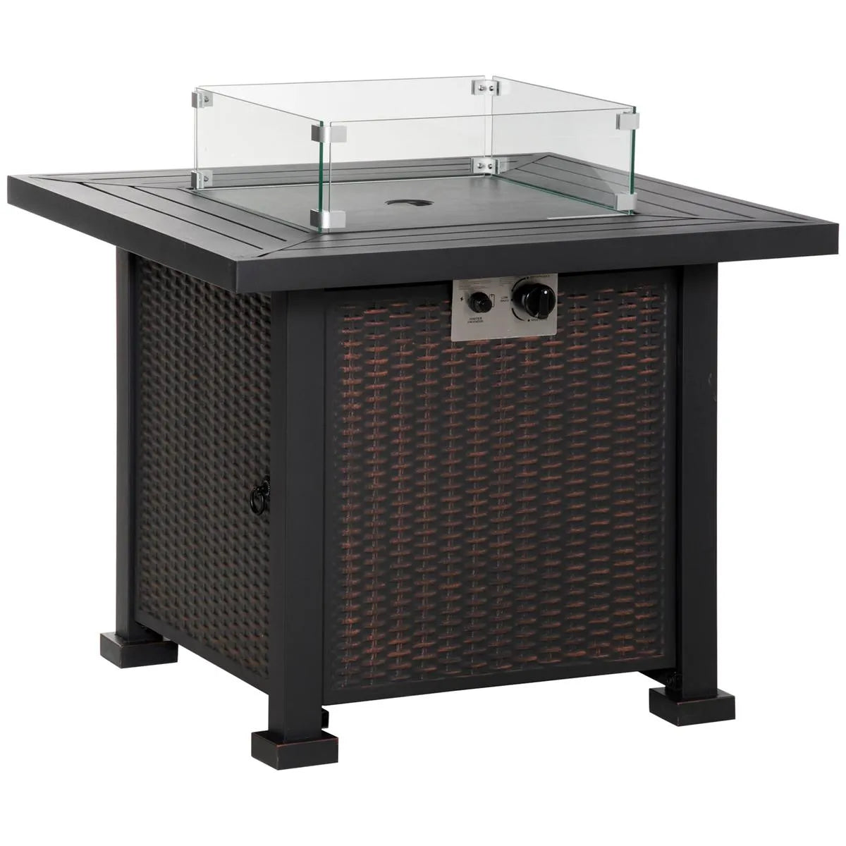 Gas Fire Pit Table Square Propane, 50,000 BTU, 81×81×64cm, Black, Rattan Smokeless with Glass Screen, Glass Beads and Lid for Patio