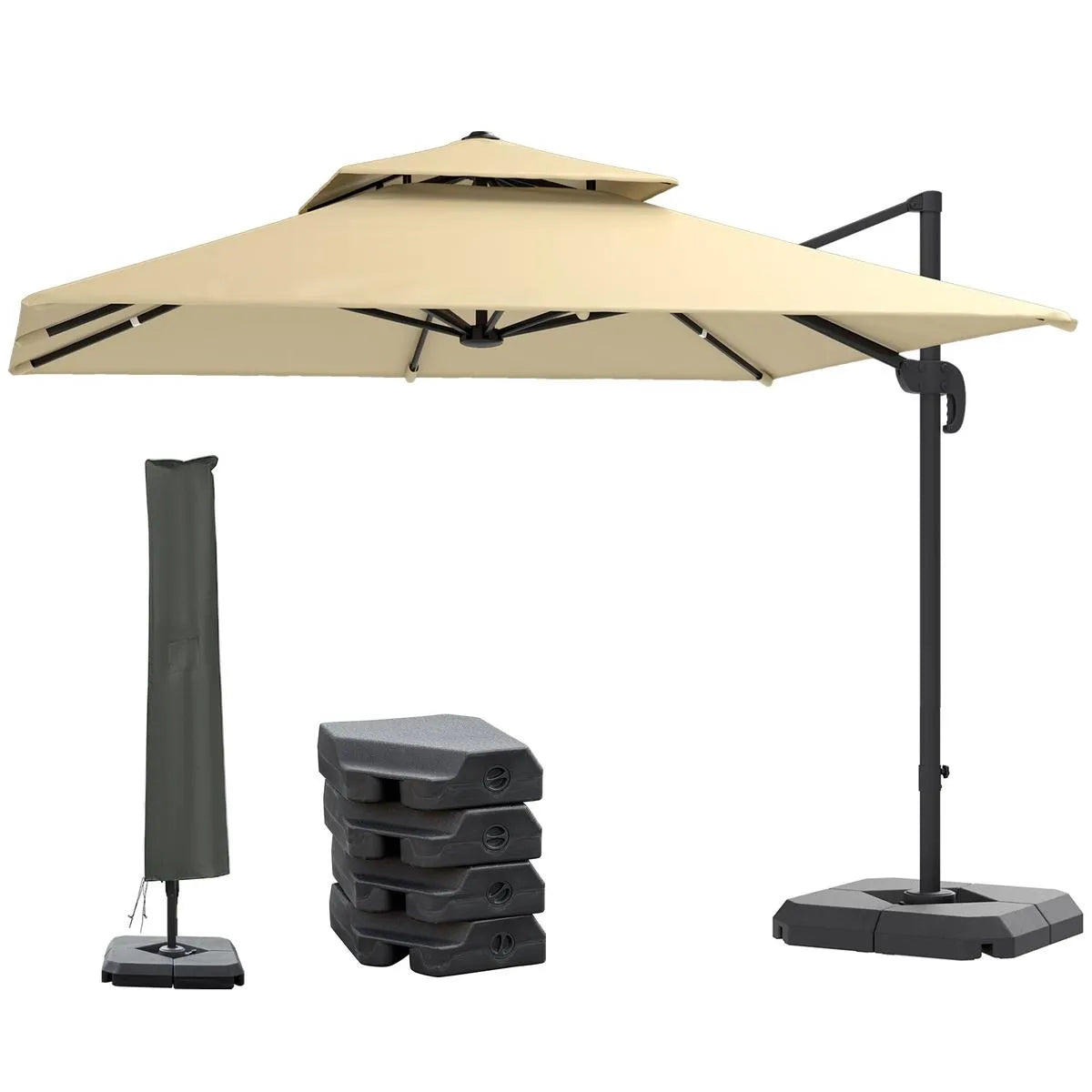 Cantilever Parasol 2.7x2.7m Aluminium Frame Crank Tilt 360° Rotation Double Top Garden Umbrella with Base and Cover, Khaki