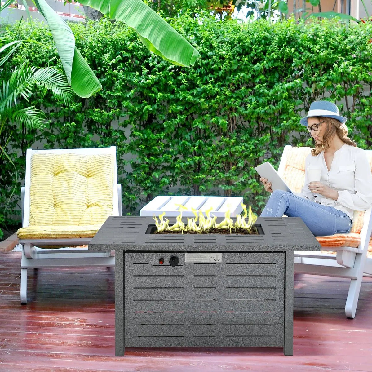 Gas Fire Pit Table, 50,000 BTU, 107×51×63cm, Silver Grey, Smokeless with Protective Cover, Lava Rocks and Lid for Outdoor Patio