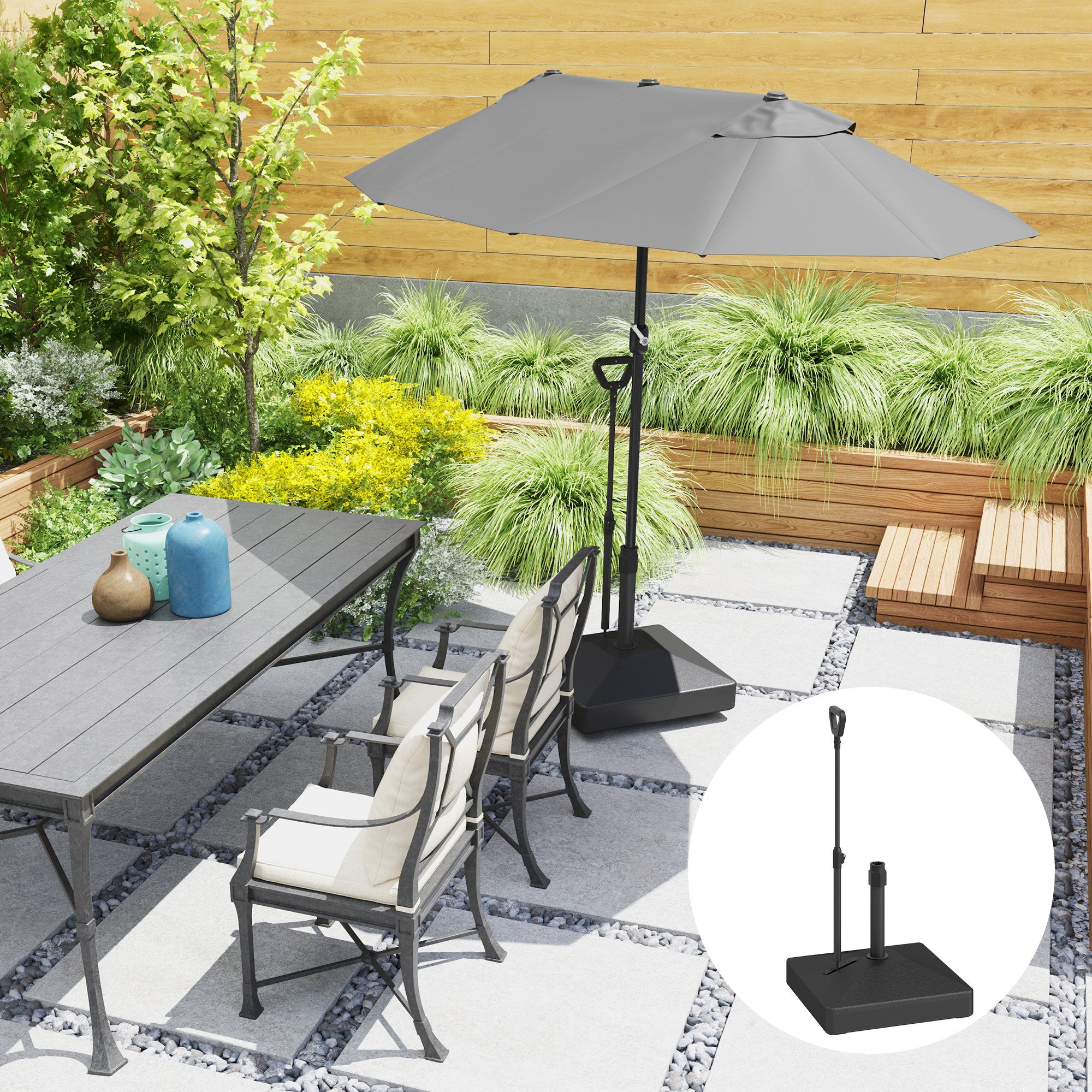 Garden Parasol Base with Adjustable Wheels Handle Filled Up to 55kg with Stand or 45kg with Water for 35mm 38mm 48mm Poles, Black