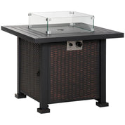Gas Fire Pit Table Square Propane, 50,000 BTU, 81×81×64cm, Black, Rattan Smokeless with Glass Screen, Glass Beads and Lid for Patio