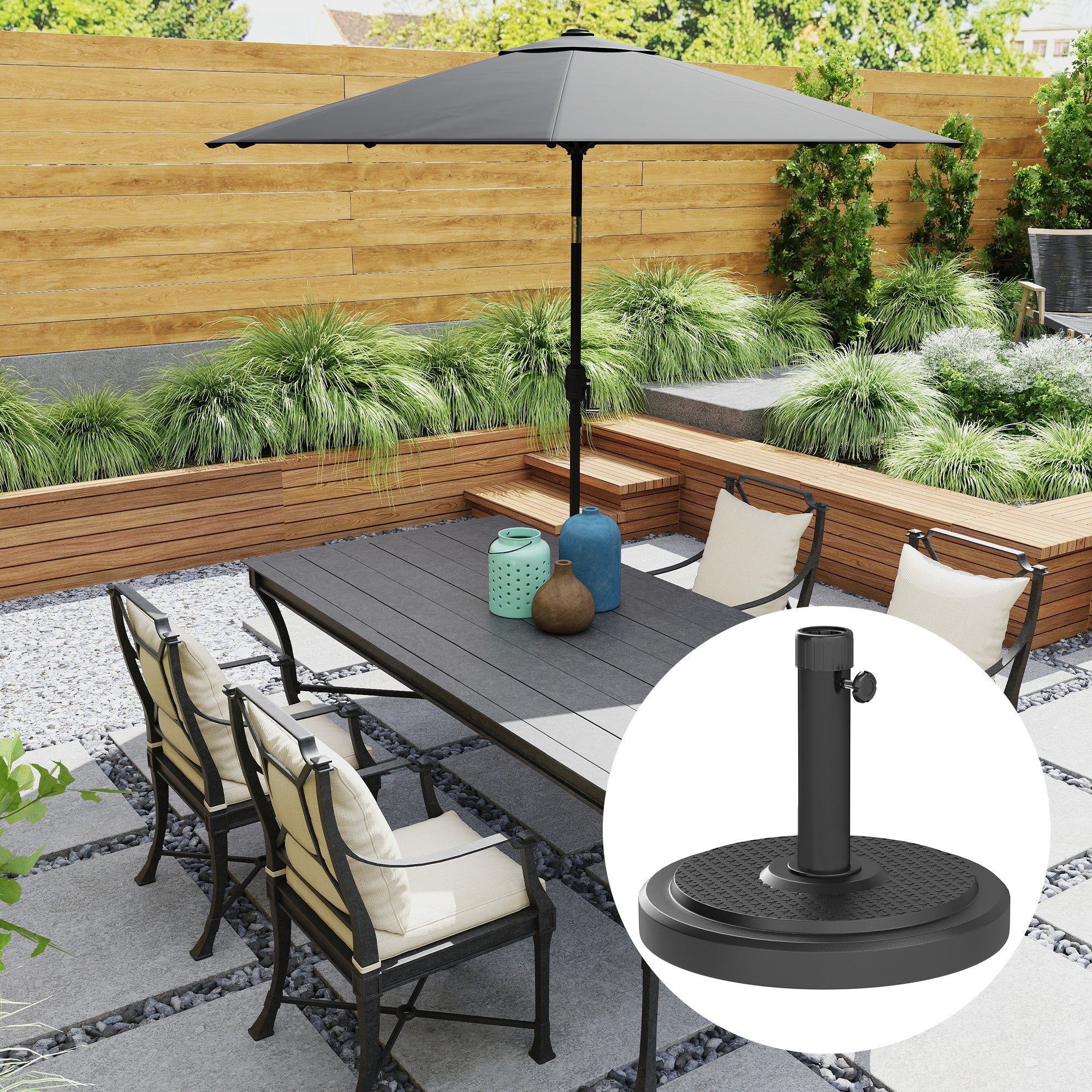 Garden Parasol Base 22kg Round HDPE Sun Umbrella Stand Heavy Duty for 38mm or 48mm Outdoor Poles, Black