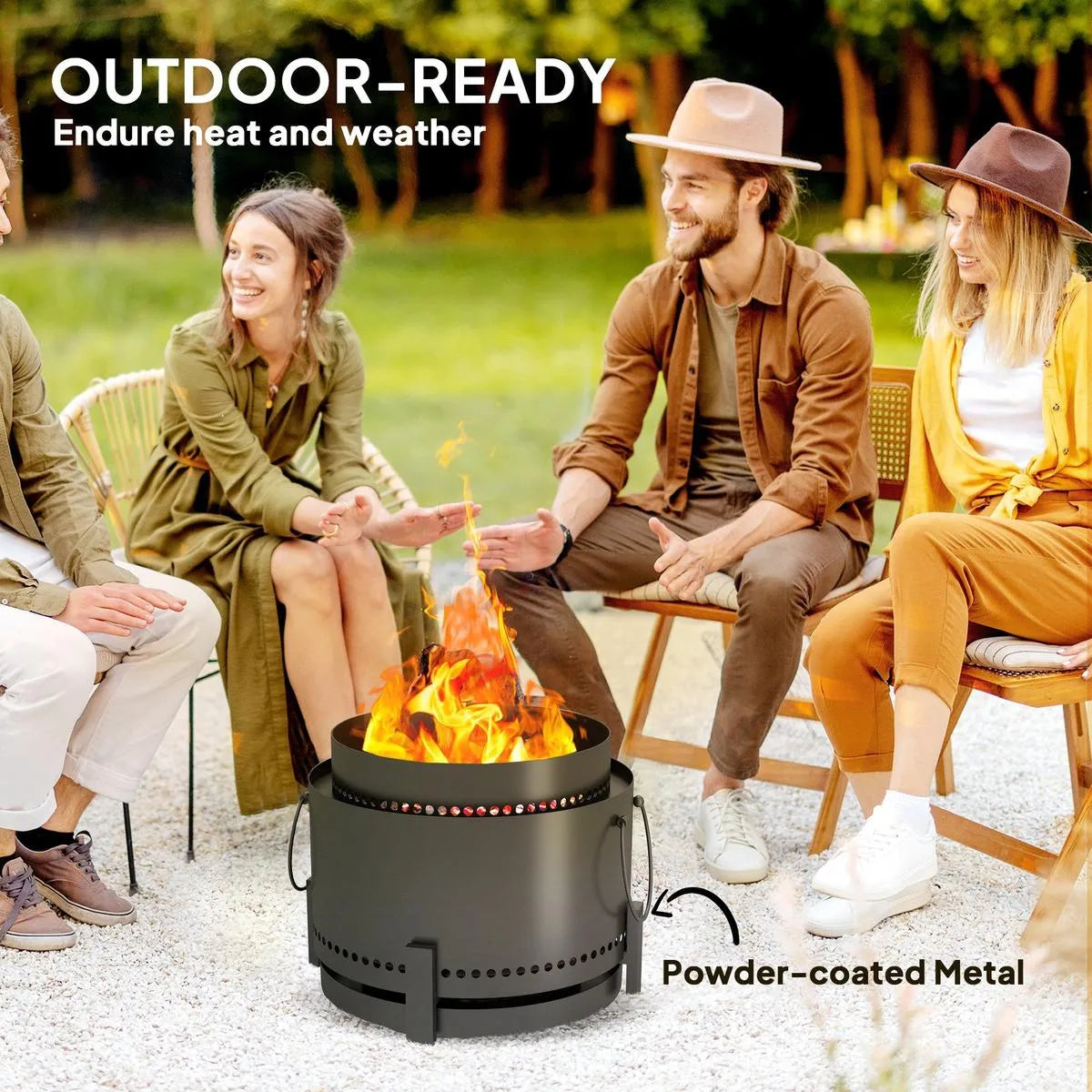 Smokeless Fire Pit Portable Wood Burning with Ash Catcher, 37cm, Dark Grey with Poker for Garden Camping Bonfire Party