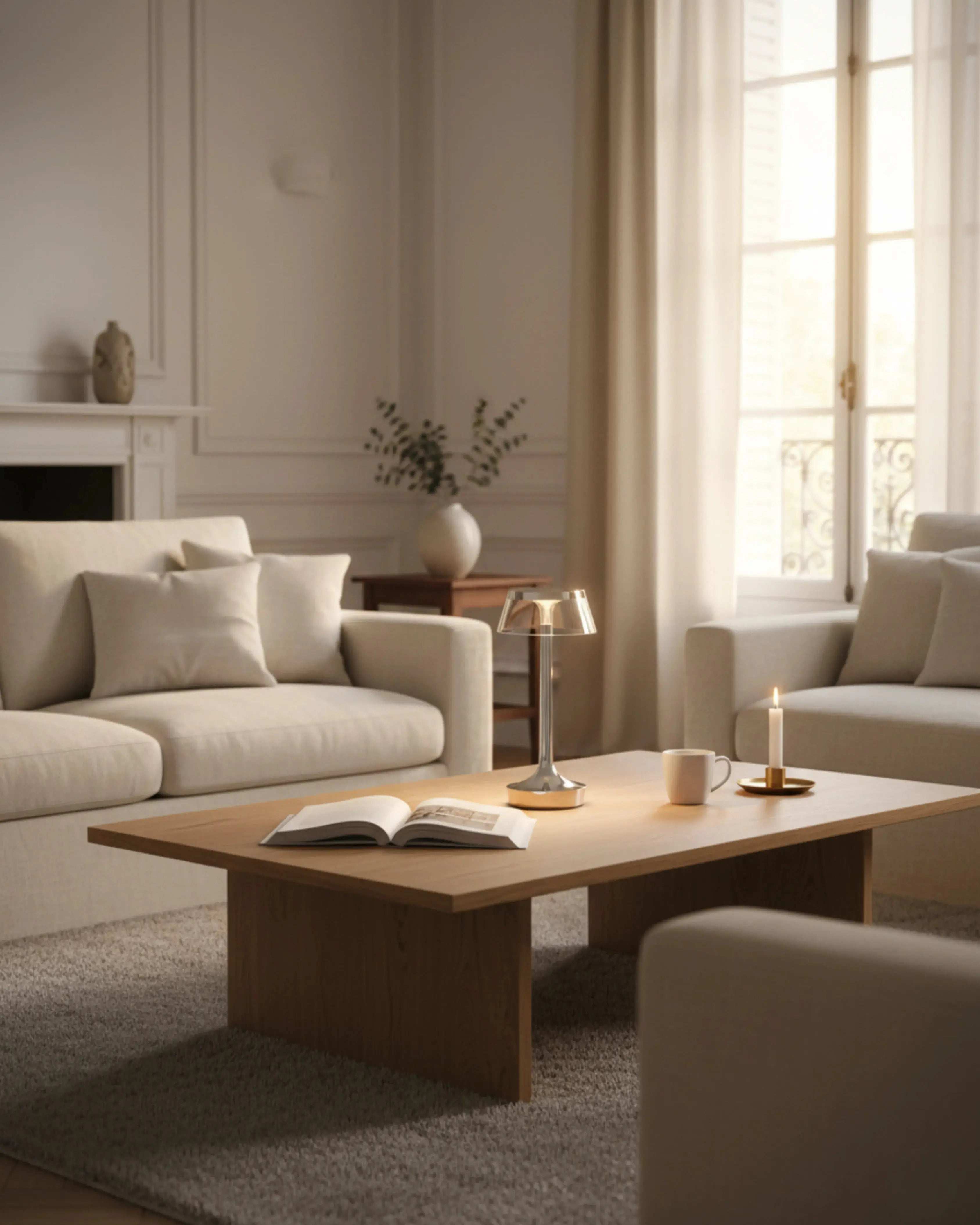 ORIN cordless designer table lamp in a warm, considered living room setting — DecoHarmonie