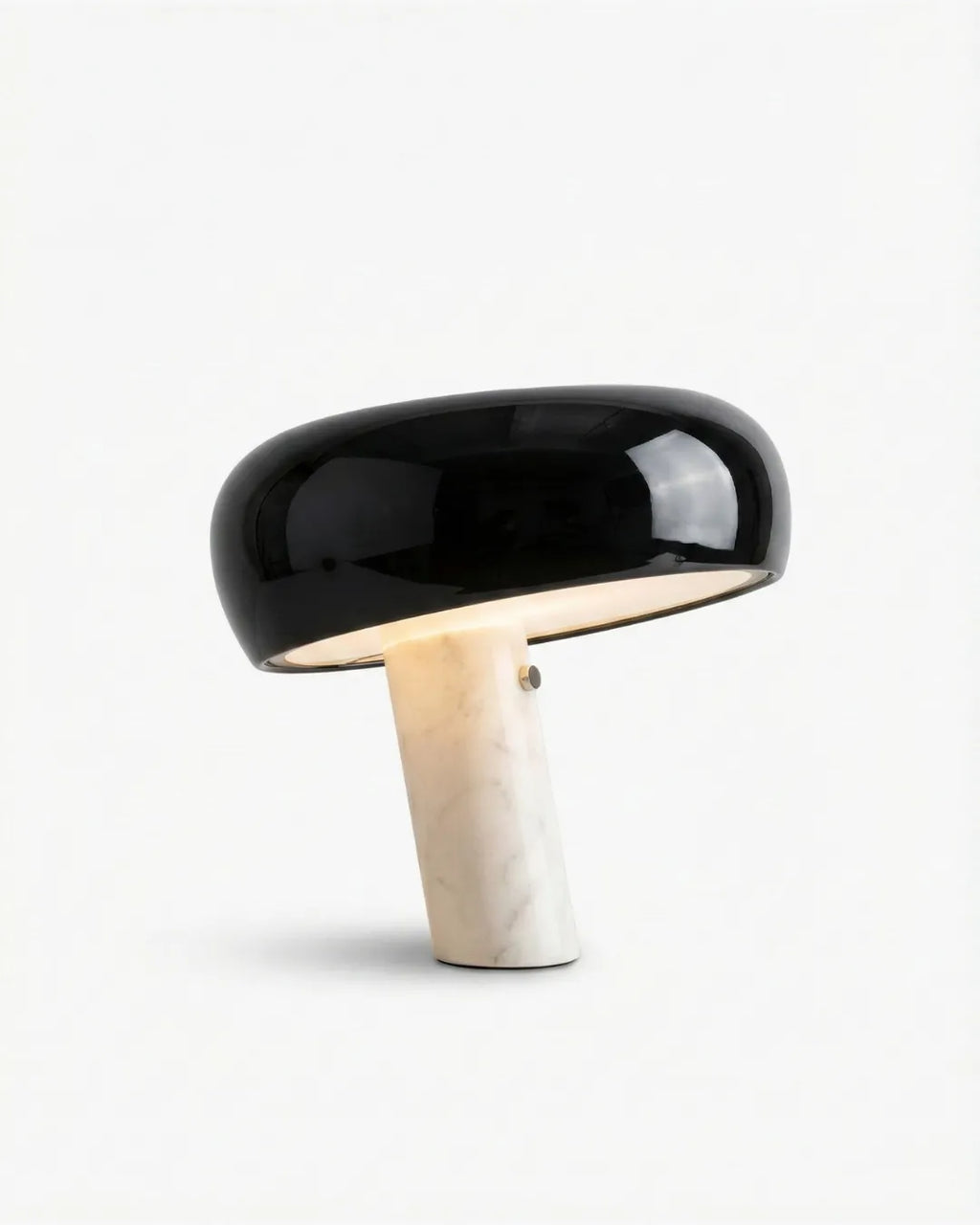 CAMOS designer table lamp with glossy black mushroom dome shade on white marble cylinder stem | DecoHarmonie