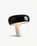 CAMOS designer table lamp with glossy black mushroom dome shade on white marble cylinder stem | DecoHarmonie